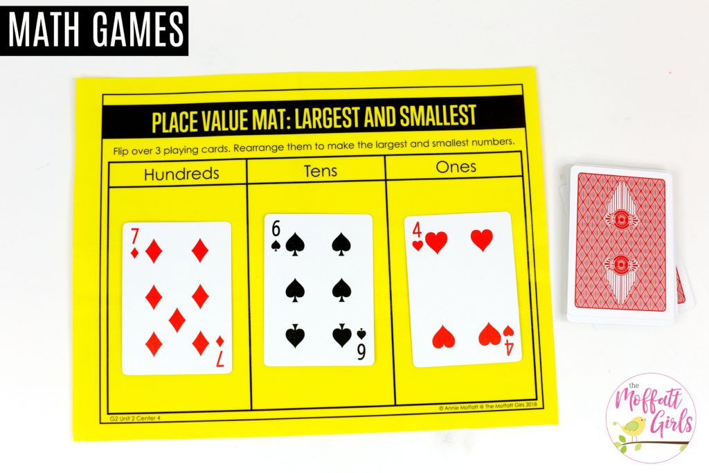 Largest and Smallest Numbers- Flip 3 cards and make the largest and smallest numbers with the cards. Tons of fun math centers to teach place value in Second Grade!