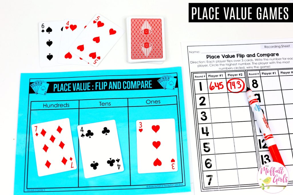 Place Value: Flip and Compare- With a partner, flip 3 cards each. Compare the numbers. Tons of fun math centers to teach place value in Second Grade!