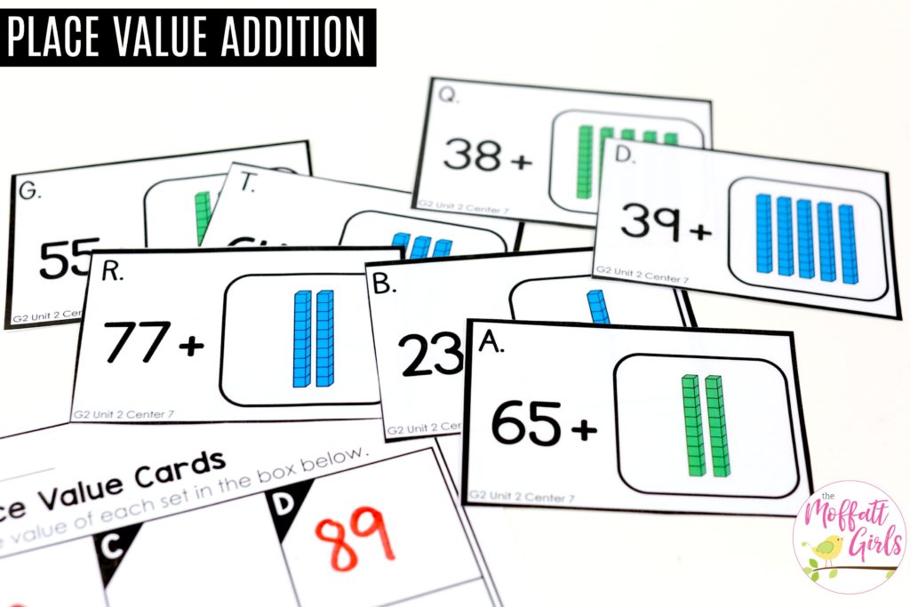 Place Value Addition- Add base ten blocks to solve. Tons of fun math centers to teach place value in Second Grade!