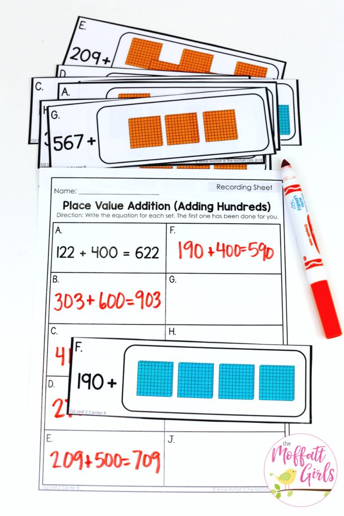 Place Value Addition- Add base ten blocks to solve. Tons of fun math centers to teach place value in Second Grade!