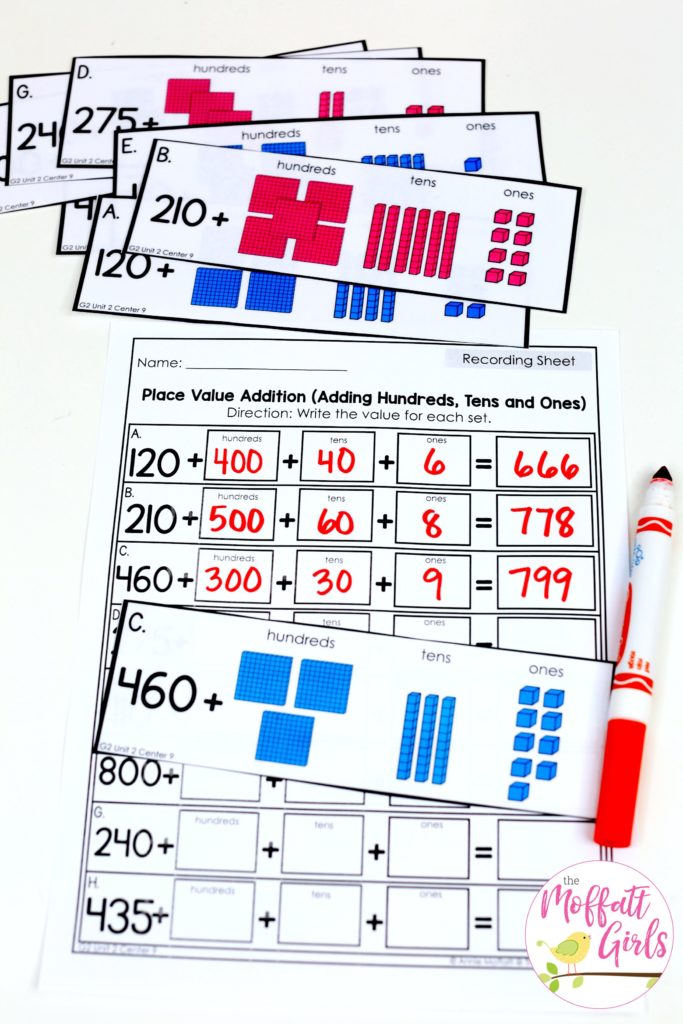 Place Value Addition- Add base ten blocks of ones, tens and hundreds to solve. Tons of fun math centers to teach place value in Second Grade!