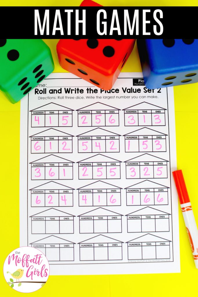 Roll and Write the Place Value math game for 2nd Grade. Fun math centers and worksheets to teach place value in second grade!