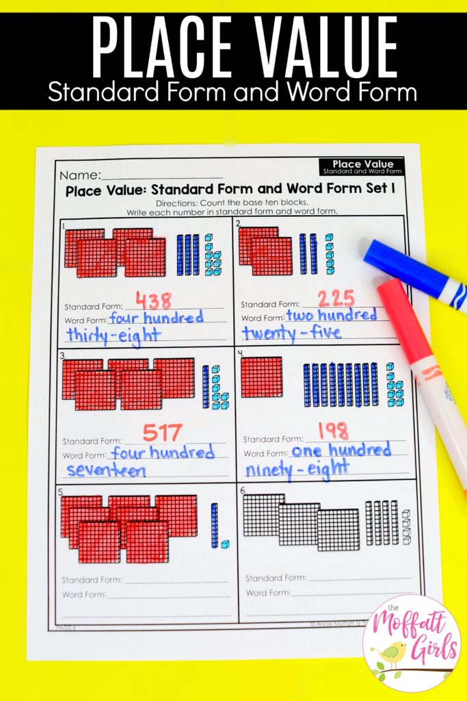 Place Value: Standard Form and Word Form worksheet for second grade. Fun worksheets and math centers to teach place value in 2nd grade!