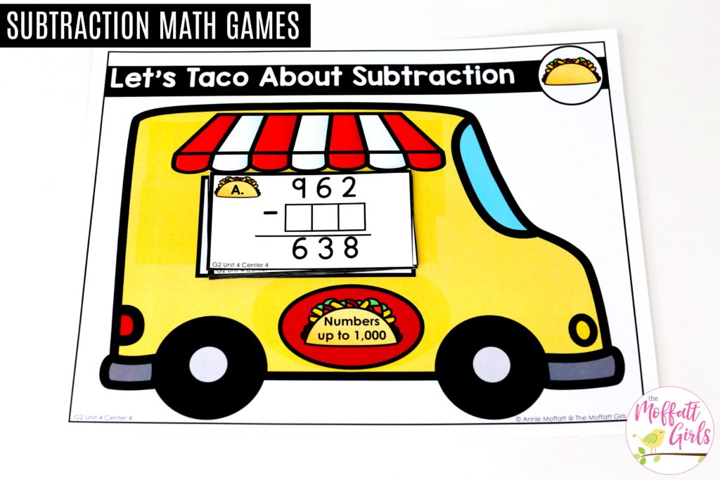 Taco Truck Subtraction game for 2nd grade Let's Taco About Subtraction- Tons of hands-on math centers and games to teach addition and subtraction with 2-digit and 3-digit numbers!