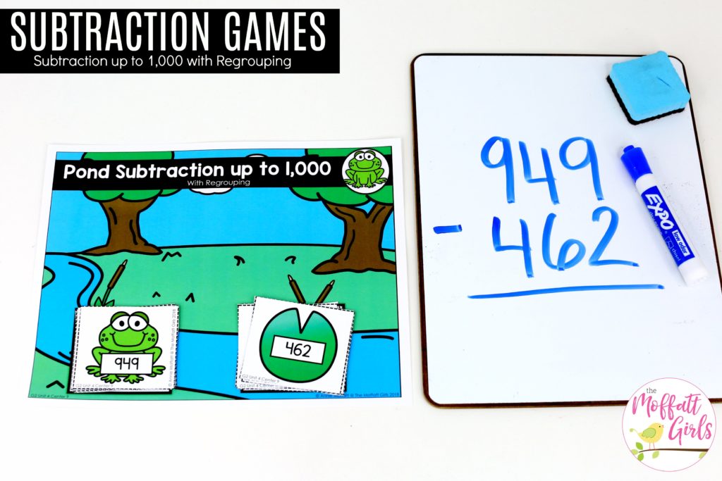 Pond Subtraction - Tons of hands-on math centers and games to teach addition and subtraction with 2-digit and 3-digit numbers!