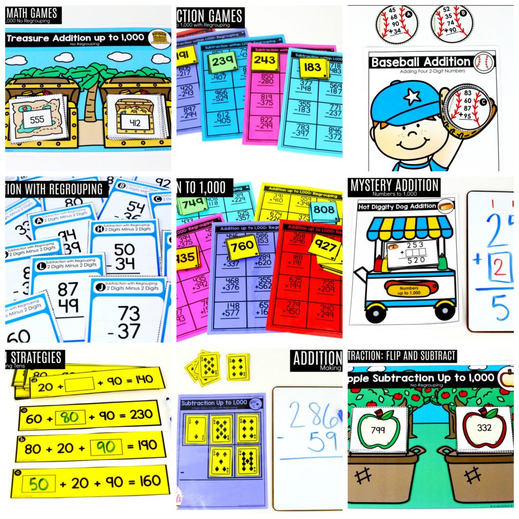 Tons of hands-on math centers to teach addition and subtraction with 2-digit and 3-digit numbers!