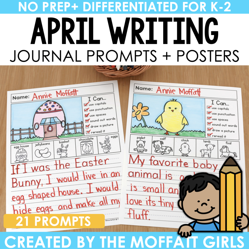 April Journal Writing Prompts for kids – Fun, no-prep writing activities featuring Earth Day, Easter, spring weather, plant life cycles, and frog life cycles. Printable writing prompts with engaging themes for elementary students.
