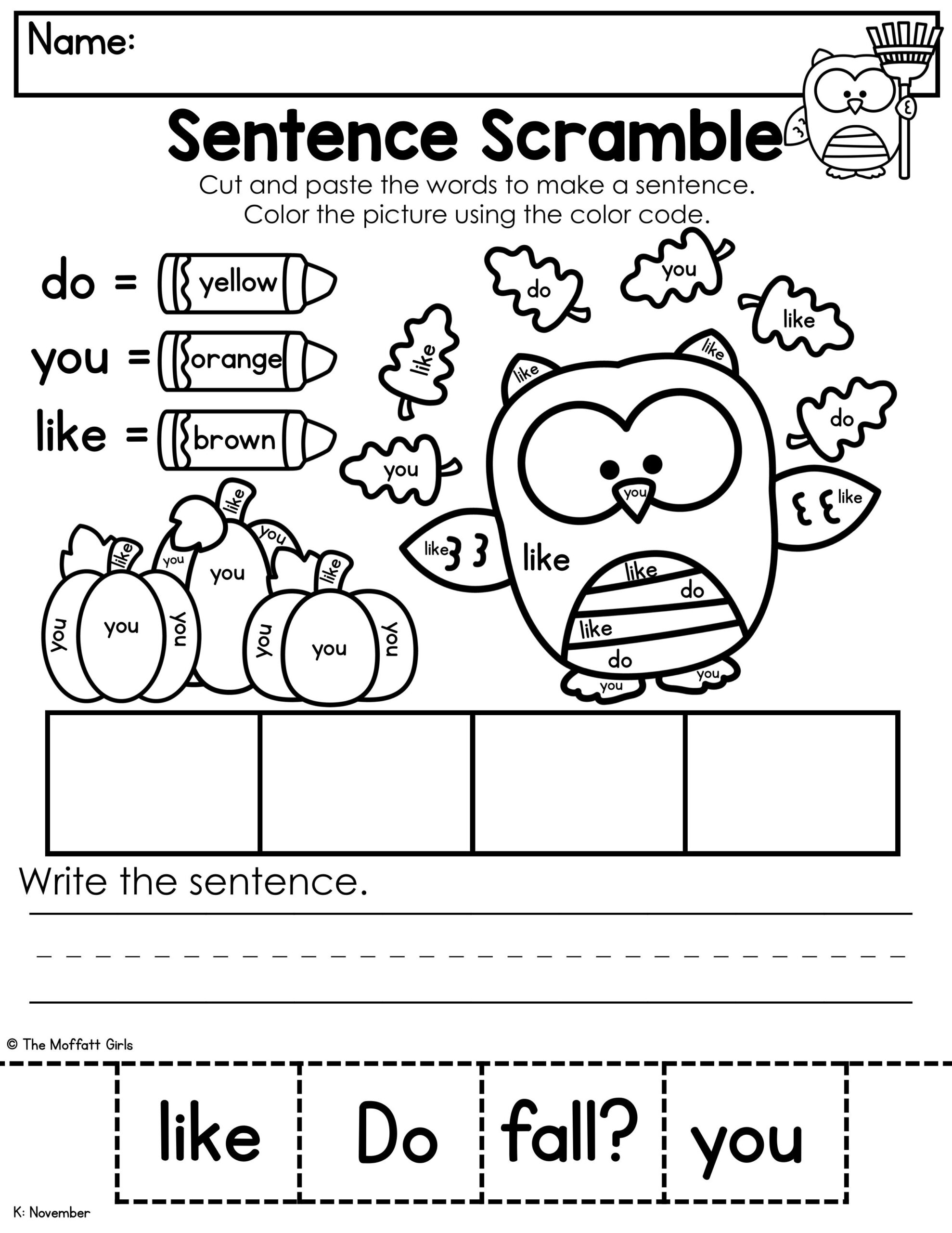 Sentence Level Activities Sentence Scramble Do You Like Fall Cut and Paste Worksheet Kindergarten ...