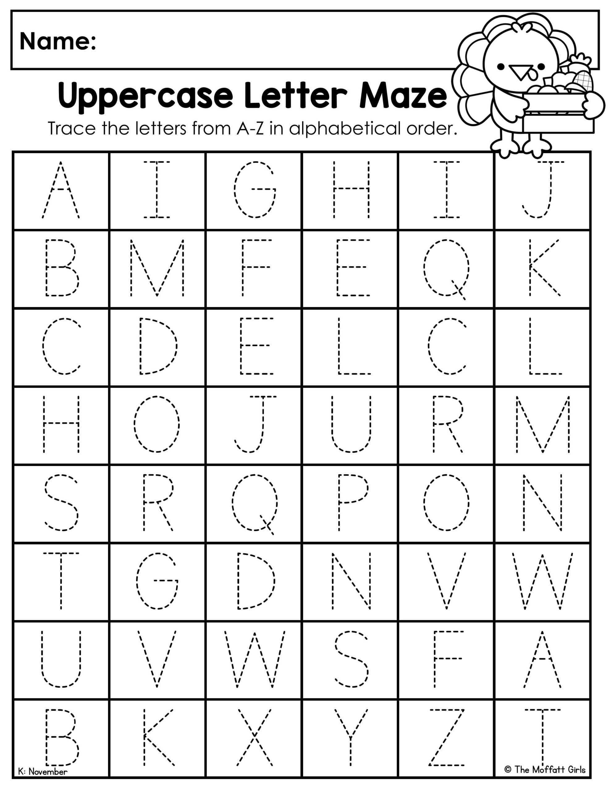Uppercase Alphabet Maze A-Z Kindergarten Turkey Letter Tracing ...