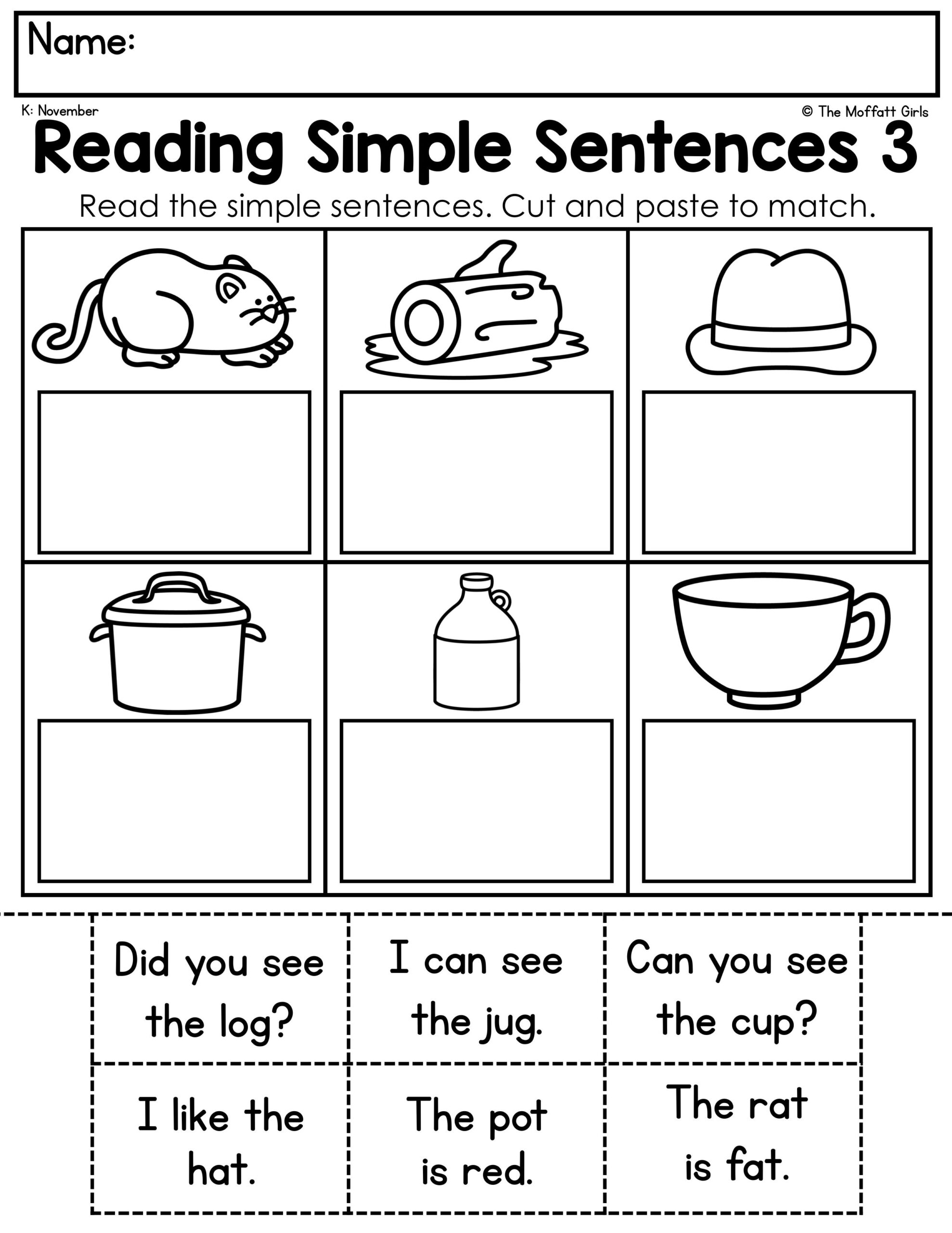 Sentence Level Activities Reading Simple Sentences 3 CVC Sentence Match Worksheet Kindergarten ...