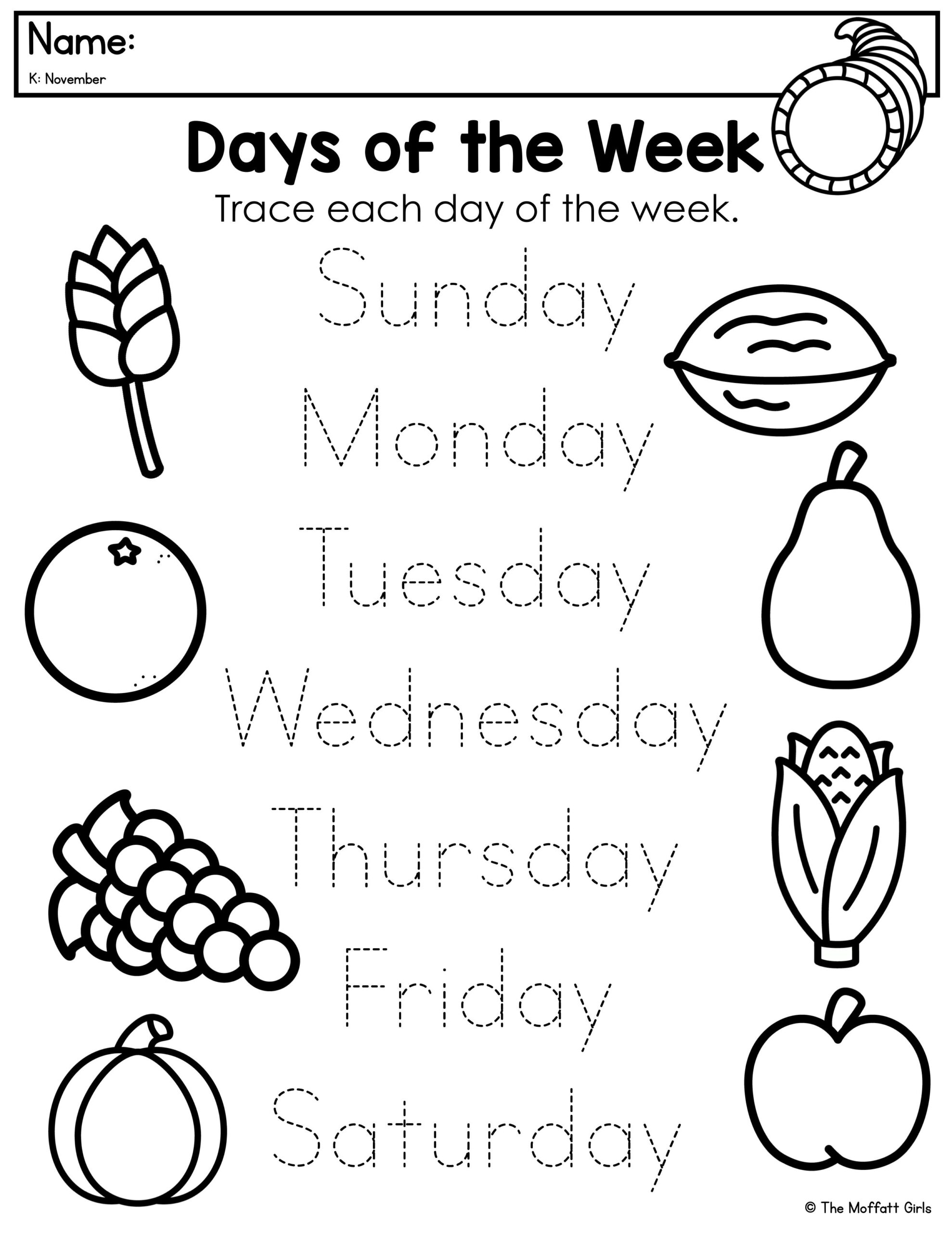 Days of the Week Tracing Worksheet Kindergarten Fall Handwriting ...